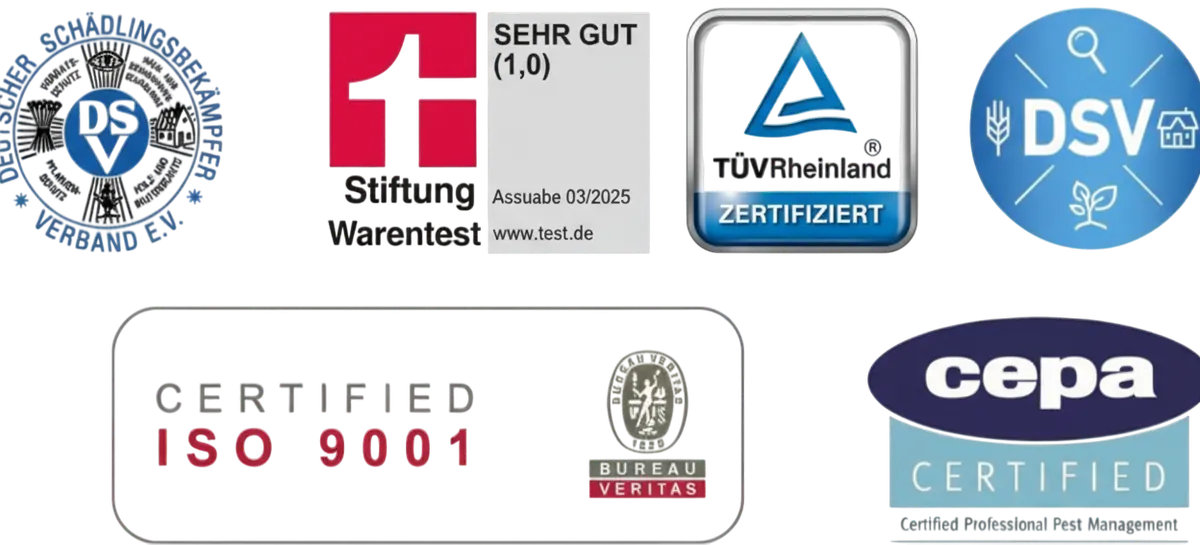 Zertifizierungen: DSV Verband, Stiftung Warentest Sehr Gut, TÜV Rheinland, ISO 9001, CEPA